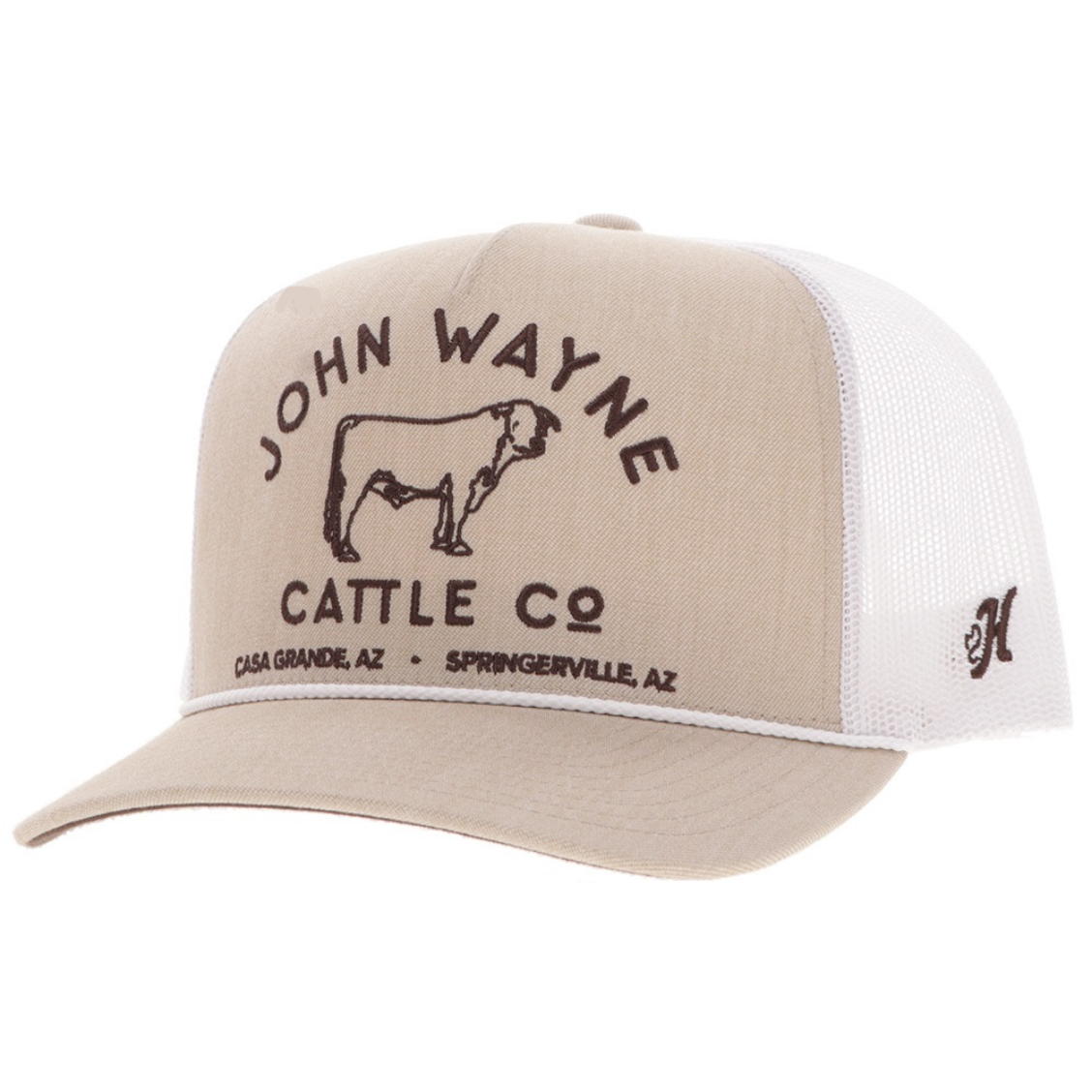 Hooey John Wayne 5-Panel Trucker Hat, Tan/White