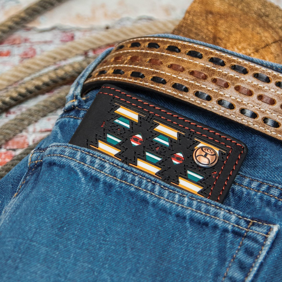 HOOEY Leather Men’s Western Rodeo Wallet (Sunizona Knockout - Black/Serape)