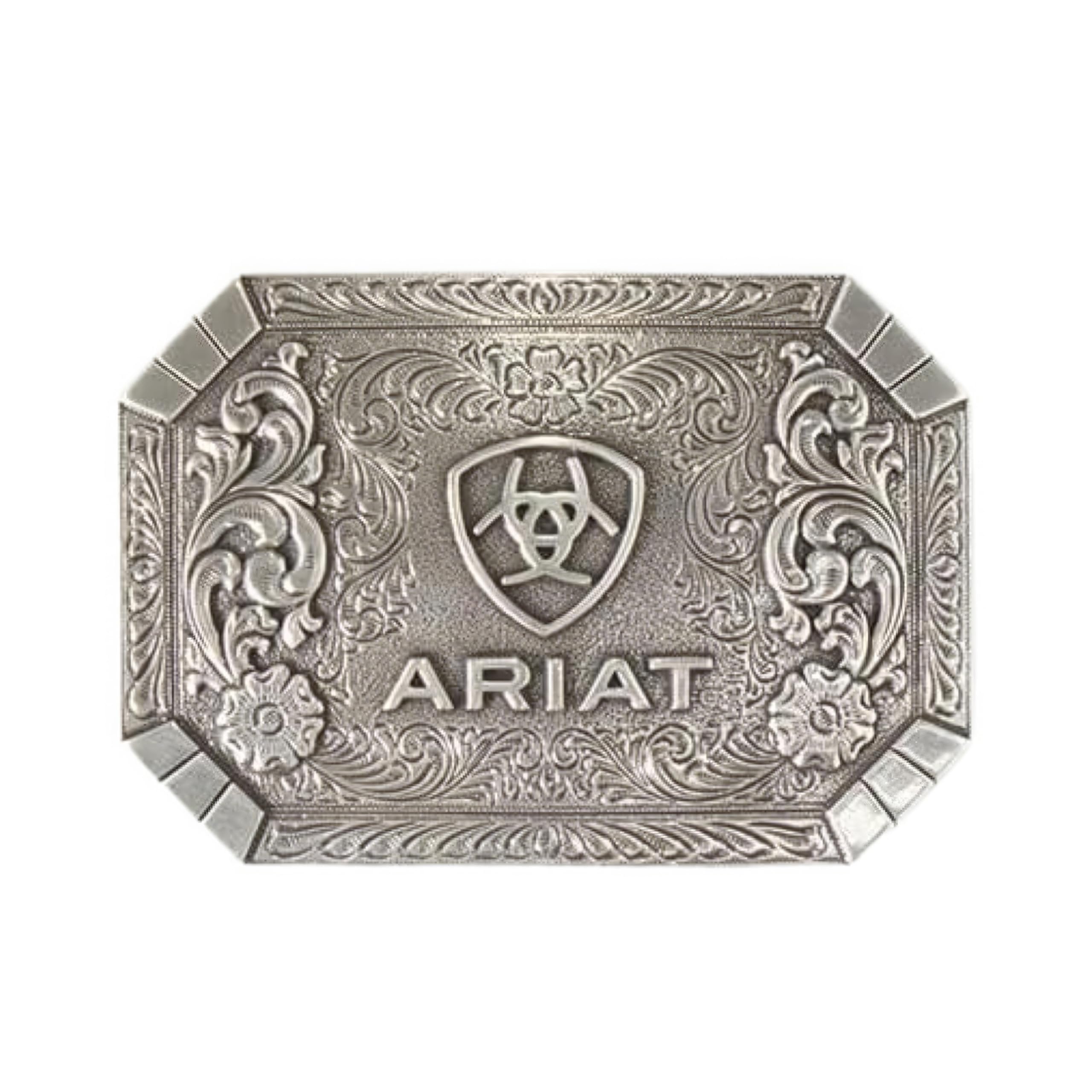 Ariat Rectangle Buckle with Western Floral Engraving and Emblem, Antique Silver Finish, 2-1/2" x 3-5/8"