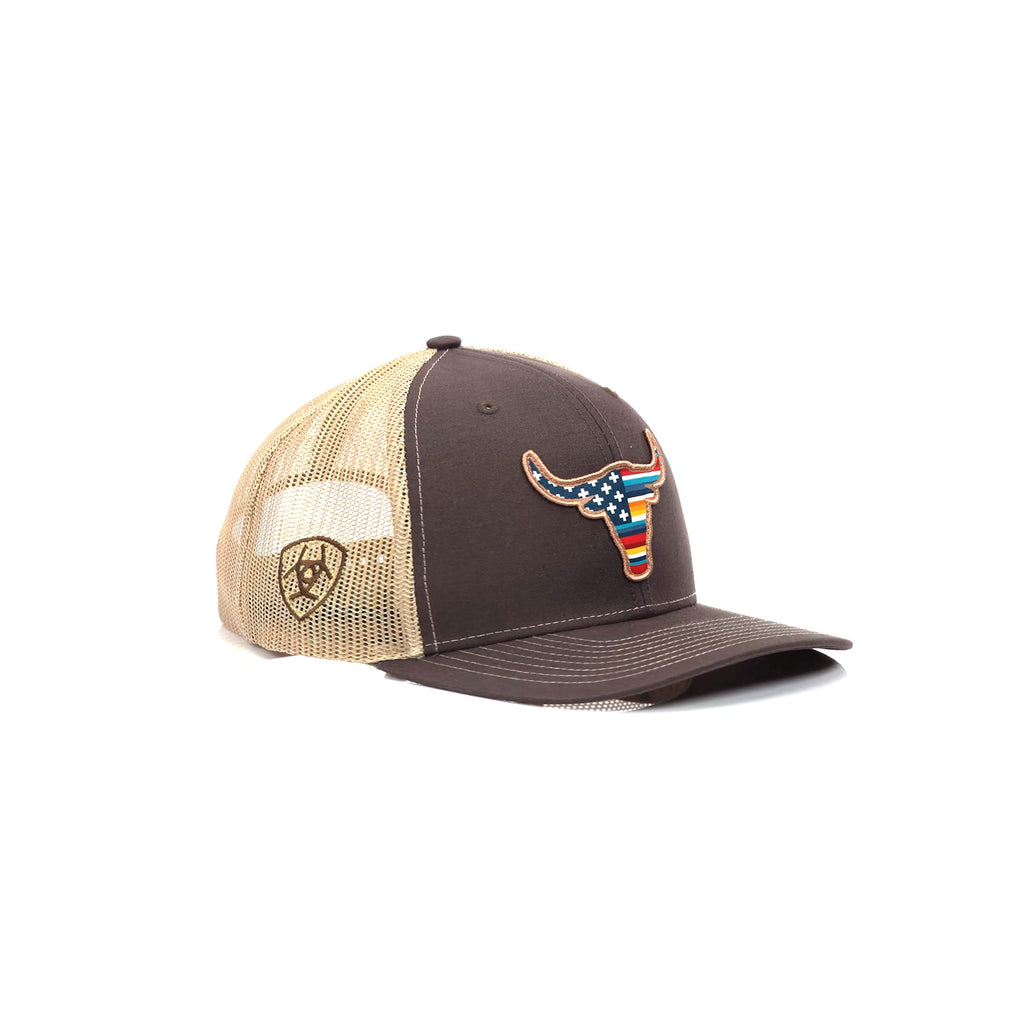 Ariat Snapback R112 Bull USA Flag Patch Cap, Brown