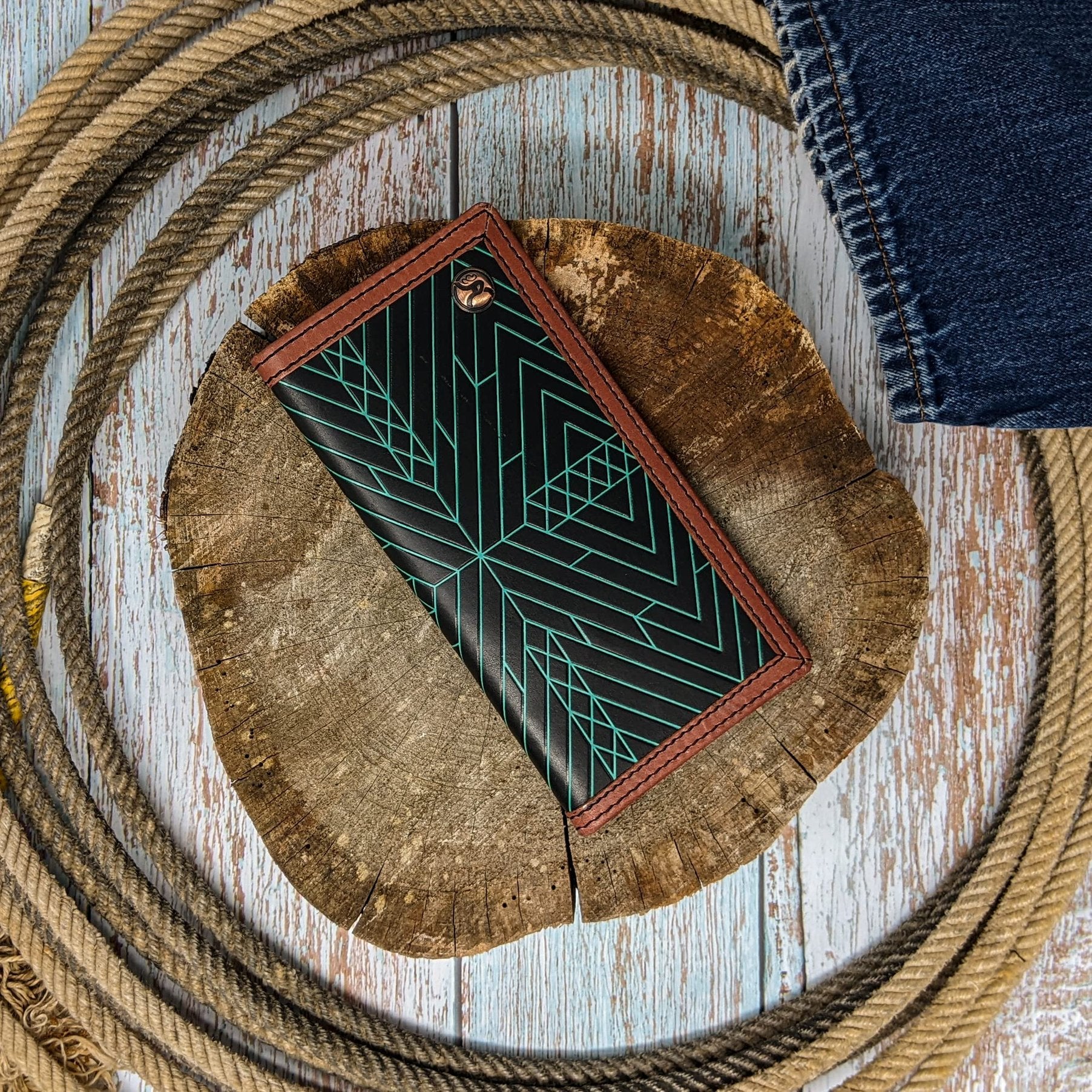HOOEY Leather "Neon Moon" Western Rodeo Wallet (Aztec Embossed - Turquoise)