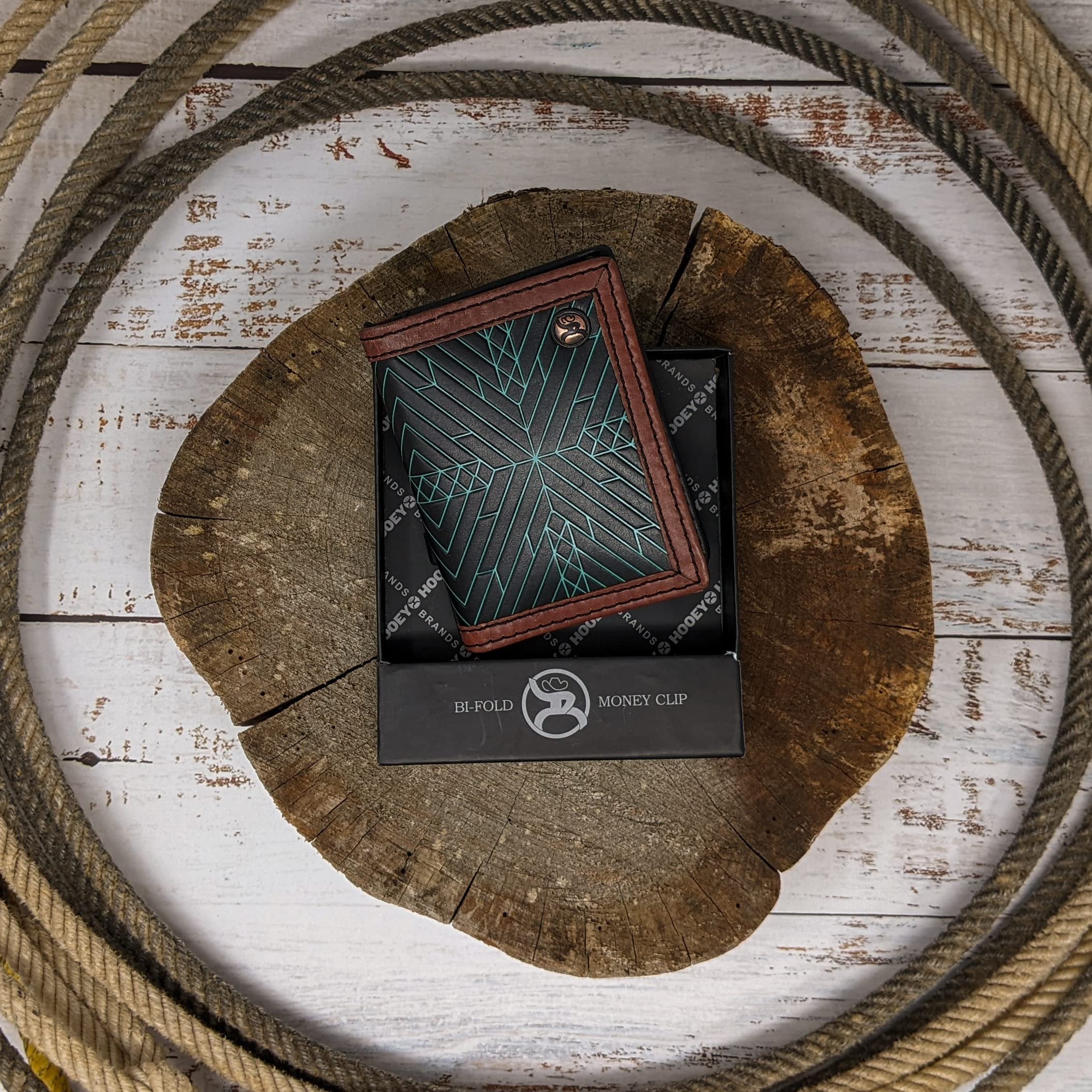 Hooey Bi-Fold Money Clip Wallet (Embossed Aztec Brown Edge -- Turquoise)